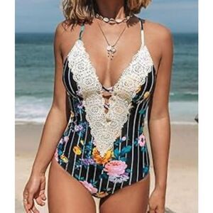 Floral Lace Trim One-Piece Swimsuit